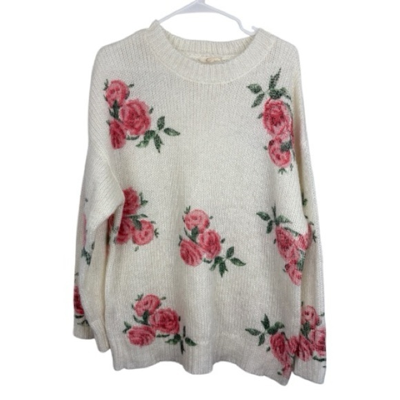 ODDY Sweaters - ODDY Cream Crewneck Sweater with Pink Rose Print size 1X/2X whimsy coquette